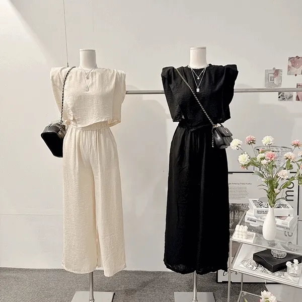 *최저가* [나시+팬츠set!/하객룩!] 비대칭 린넨나시 린넨세트 언발나시 사선 트임 오버핏 크롭나시 나시블라우스 린넨팬츠 밴딩 하이웨스트 와이드슬랙스 와이드팬츠 여름투피스 세트