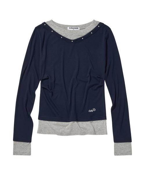 V넥 레이어드 스터드 슬림 롱슬리브 네이비