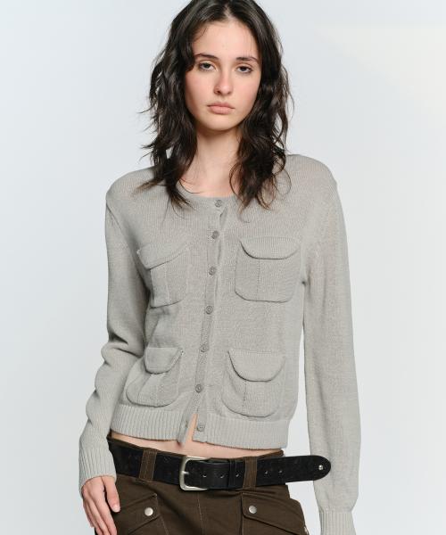 MULTI POCKET CROP CARDIGAN, GRAY