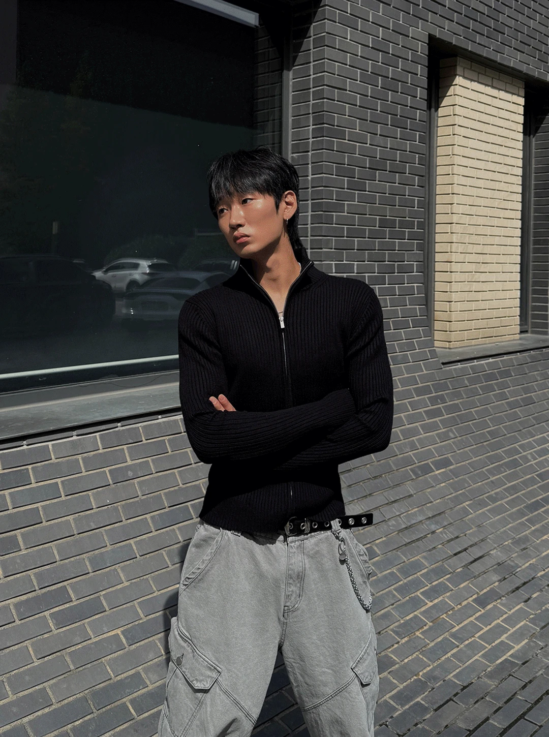 비스코스 골지 머슬핏 하이넥 워머 집업 3C