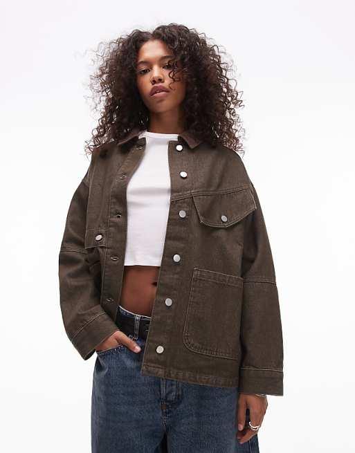 Topshop - Veste oversize en coton avec col en velours côtelé - Marron