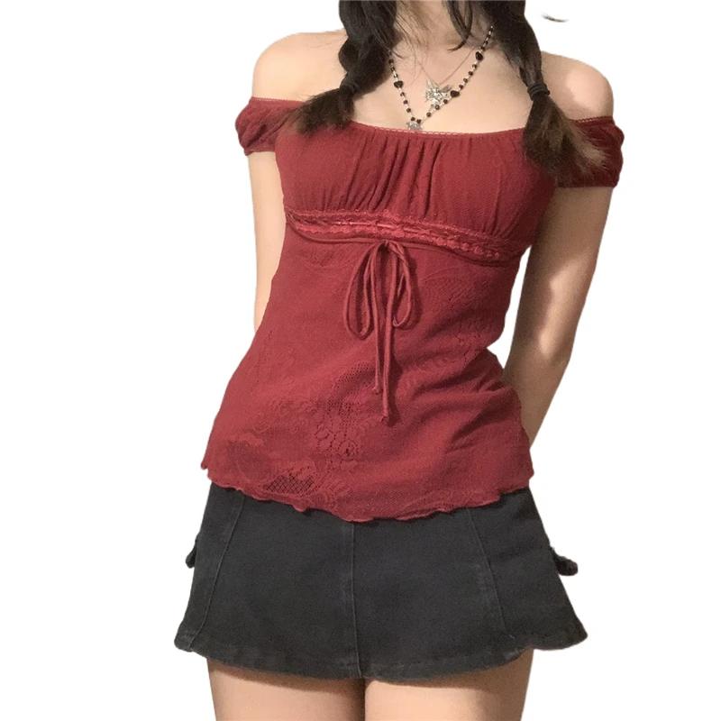 Xingqing 여성용 오프숄더 드로스트링 티셔츠, 예쁜 레이스 상의, 한국 패션, 여성 티, 페어리 그런지 스트리트웨어, 2000 년대