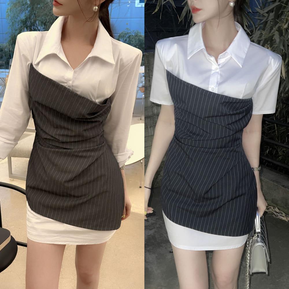 (반팔,긴팔ver) 루핀 스트라이프 셔츠 콤비 원피스 2color 하객 섹시 언발 페미닌
