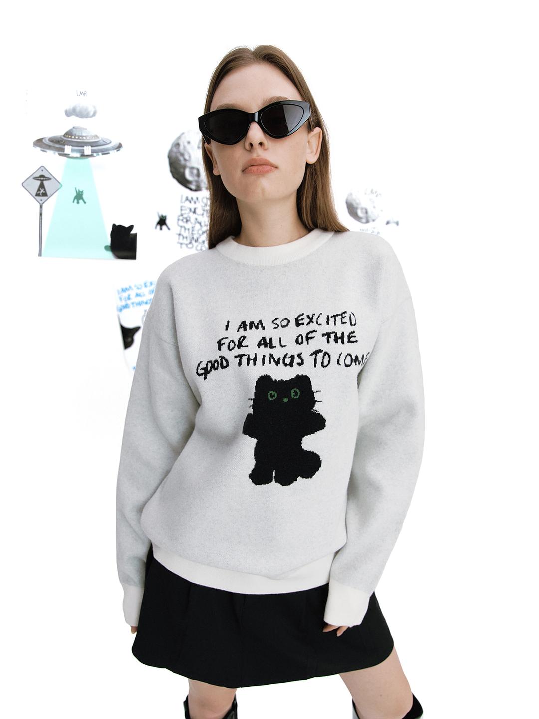 캣 캐릭터 레터링 쟈가드 풀오버 니트 IVORY