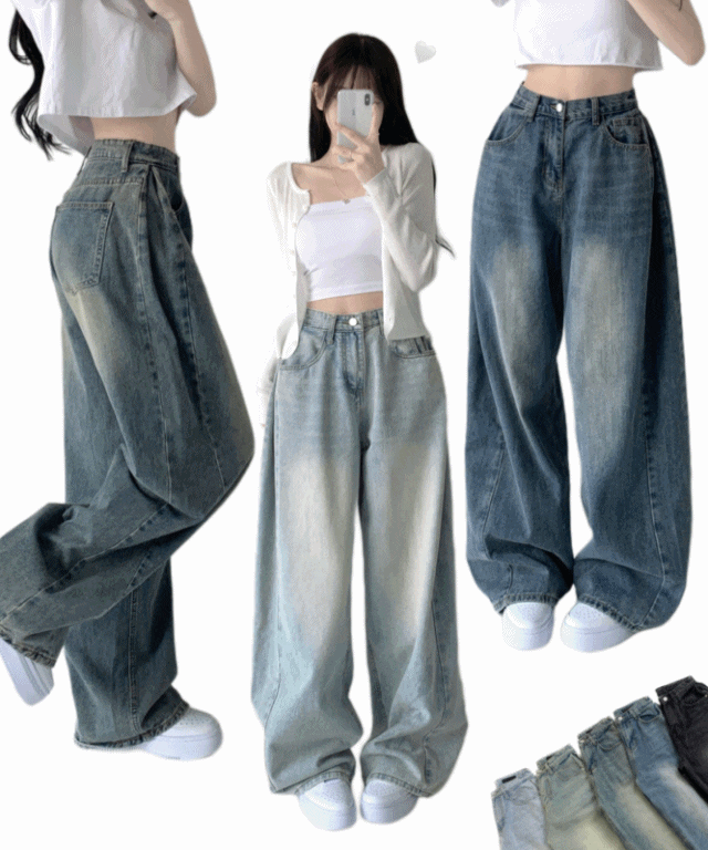 색감맛집[핏보장🖤/숏&롱,XL~] 카시오 빈티지 워싱 사이드 핀턱 하이웨스트 롱 로우 와이드 데님 팬츠 바지 청바지 키작녀 키큰녀 빅사이즈