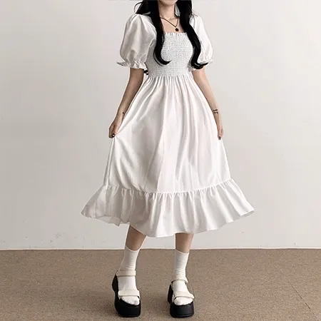 백리본 튤립 스모크 반팔 롱원피스