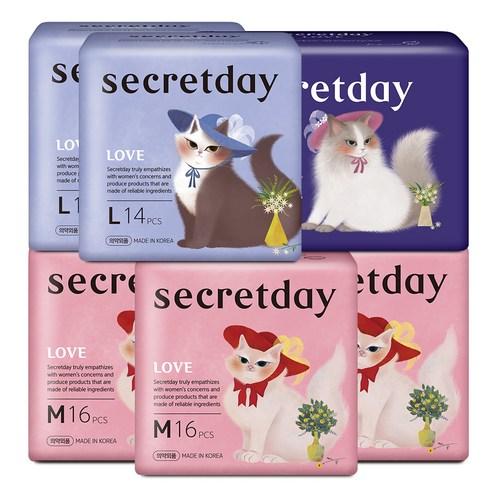 시크릿데이 러브 중형 3개 + 대형 2개 + 오버나이트 1개 날개형, 1세트 - 일반생리대 | 쿠팡