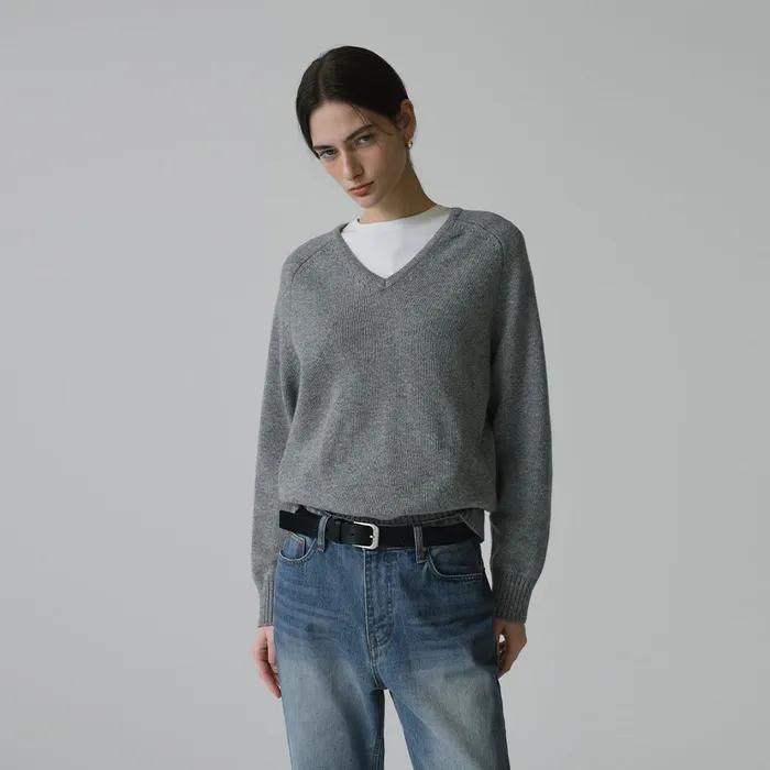 SIKN2156 울 블렌드 루즈 브이넥 니트_Melange gray