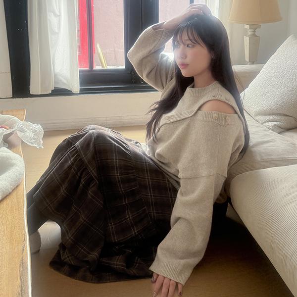 이블렛by제이스타일 [빅사이즈]이블렛 뮤미엔 언발 버튼 니트 제이스타일