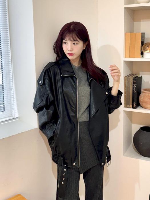 Trim Oversized Leather Jacket - BLACK
