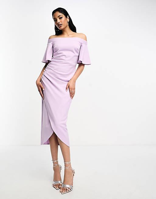 True Violet midi pencil bardot dress with sleeve and wrap skirt in lavender