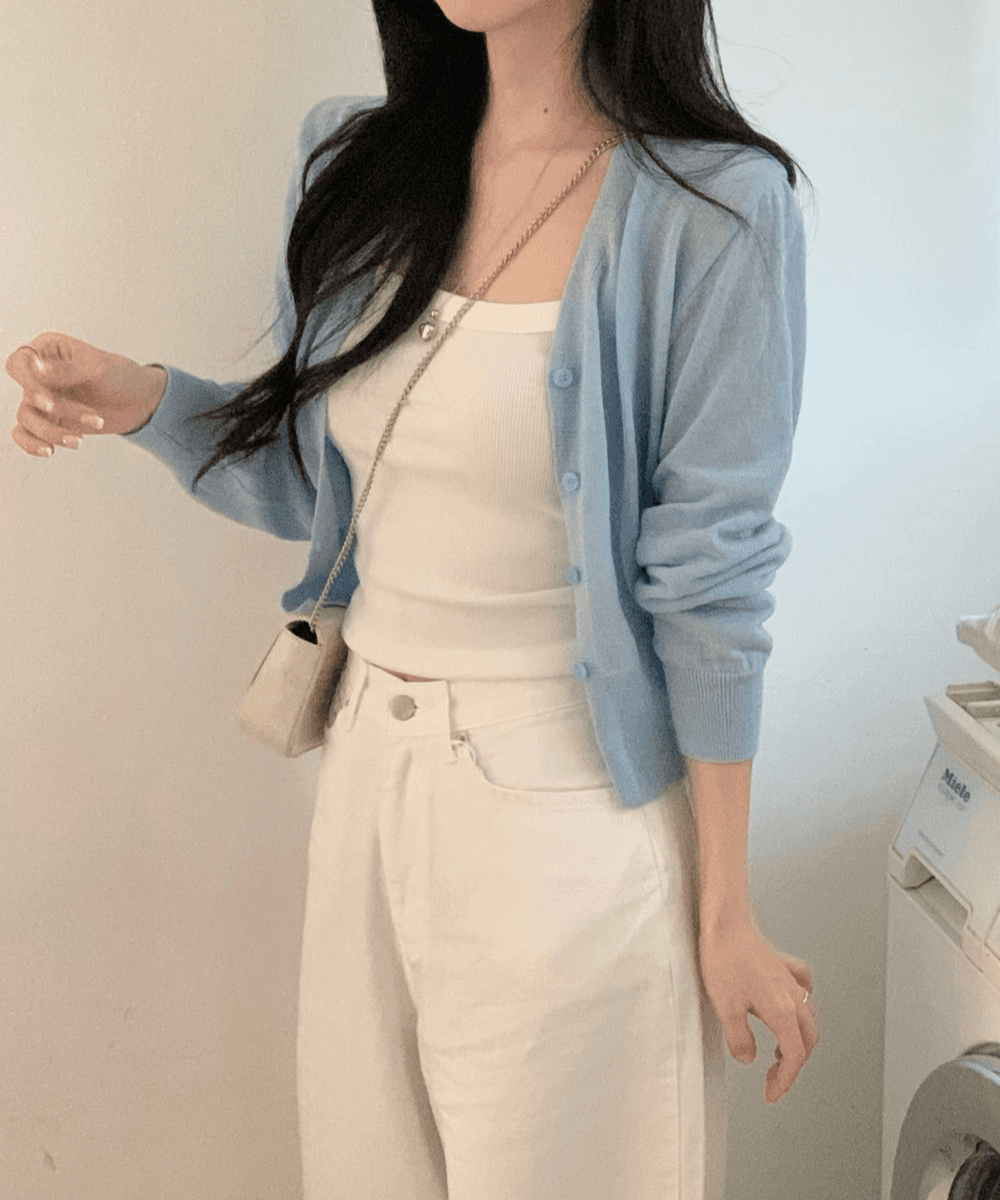 아모로소 오디너리 린넨 니트 크롭 브이넥 긴팔 가디건 (12color) [ 봄 여름 아우터 간절기 레이어드 햇빛차단 여행룩 데이트룩 ]