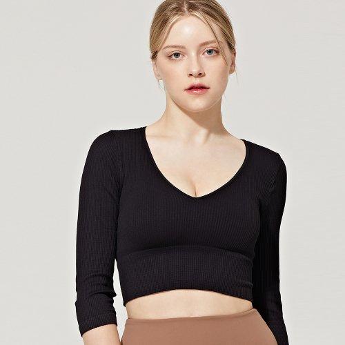 리브드 3/4 슬리브 V 넥 크롭 탑 (VN2TS401ZB)