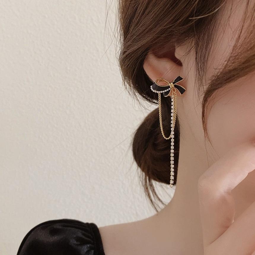 이브링 [✨️MD추천✨️/각인펜증정] 은침 블랙리본 체인드롭 귀걸이
