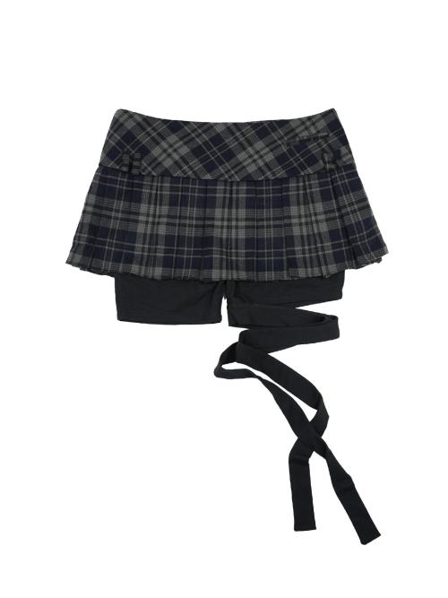 체크 리본 플리츠 스커트 [네이비]