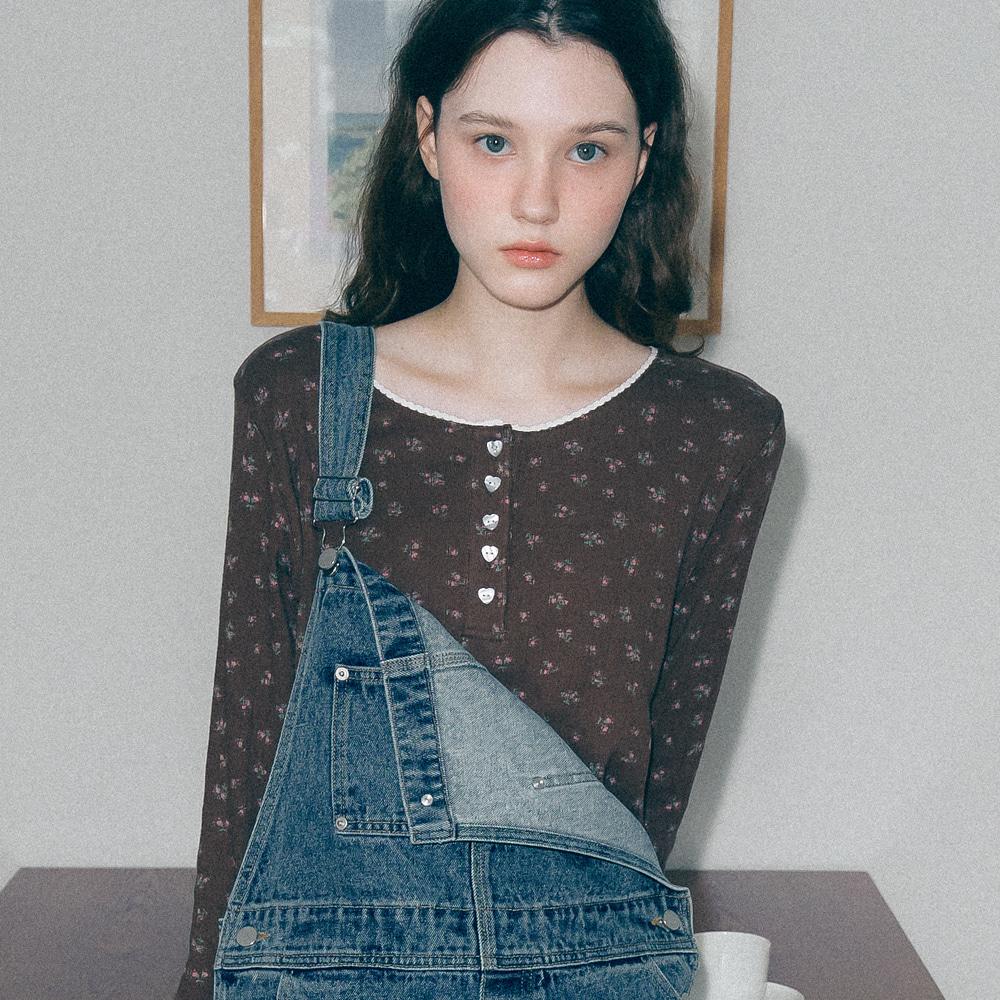 EYELET HEART BUTTON HENRYNECK LONG SLEEVE FLORAL BROWN