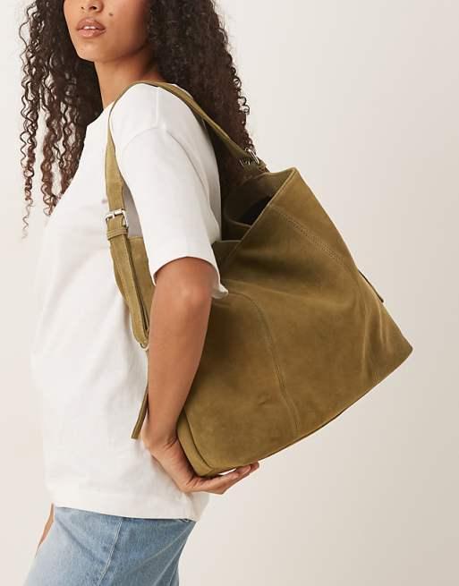ASOS DESIGN suede tote bag with buckle in khaki green