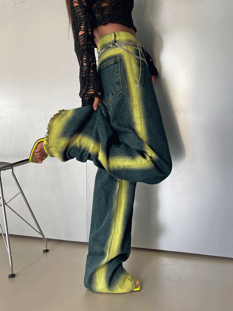 네온 크레용 라인워싱 와이드데님팬츠