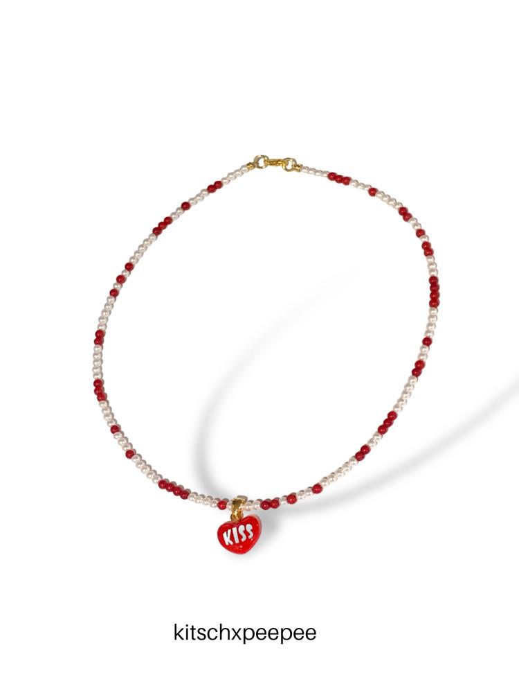 (키치앤피피) Red vintage heart 진주 목걸이