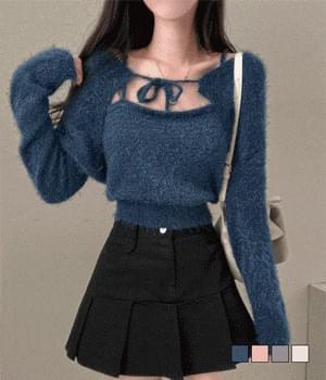 네임 솔잎 앙고라 리본 나시 볼레로 투피스 셋업