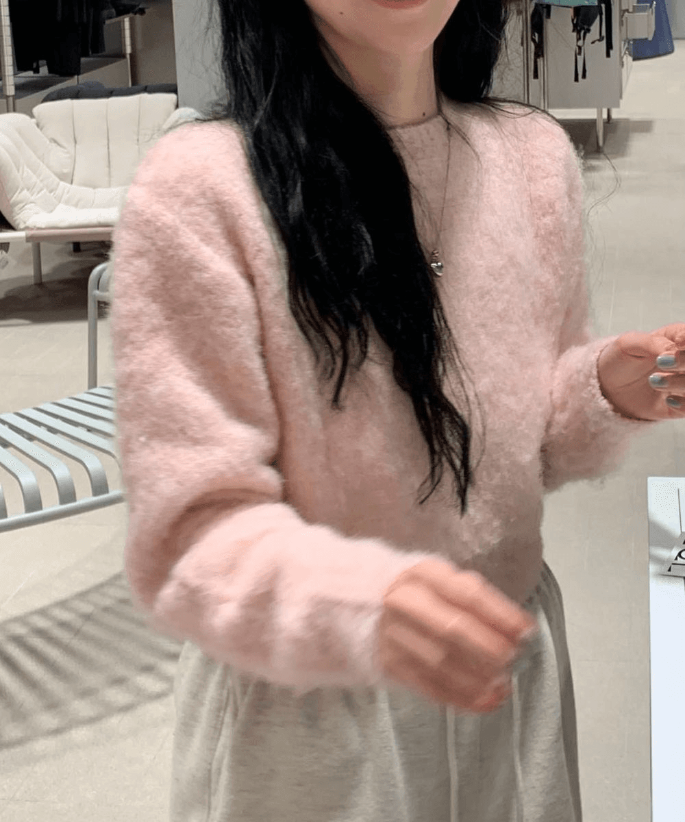 푸들 크롭 라운드 부클 긴팔 니트 울 브러쉬 모헤어 앙고라 (4col) 핑크 아이보리 소라 연보라 연말룩 데이트룩