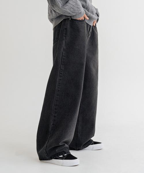 내추럴 워싱 와이드 데님 팬츠 [흑청]