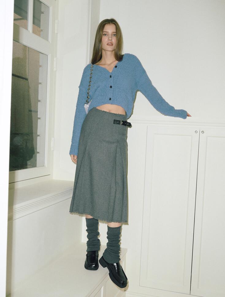 Buckle Pleated Fringe Skirt, Grey