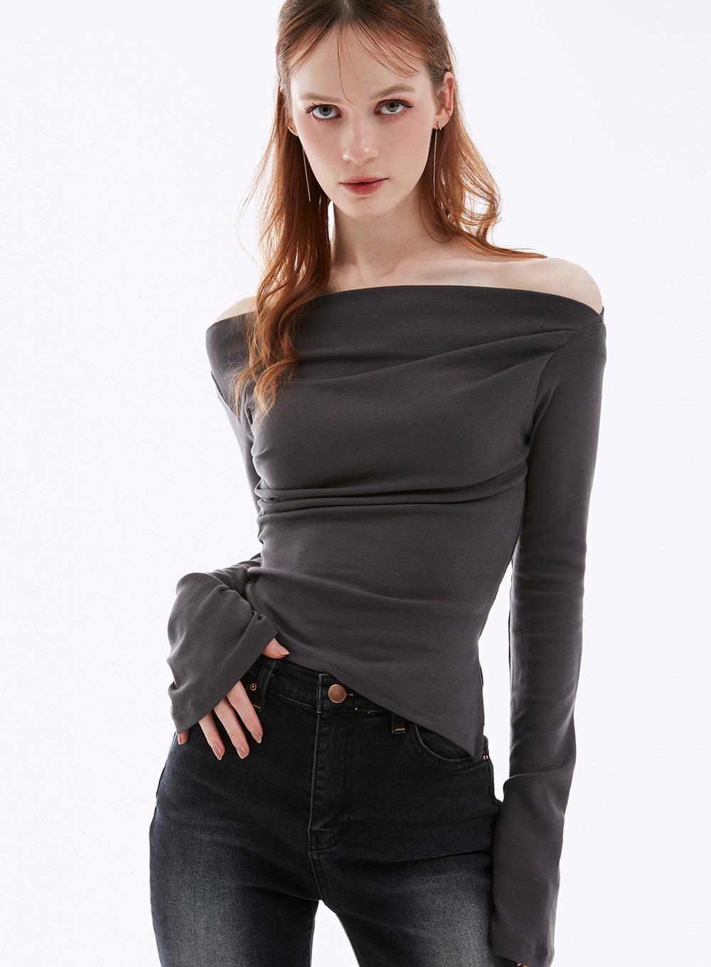 네비 [6천장판매] 로바 오프숄더 드레이프 긴팔티