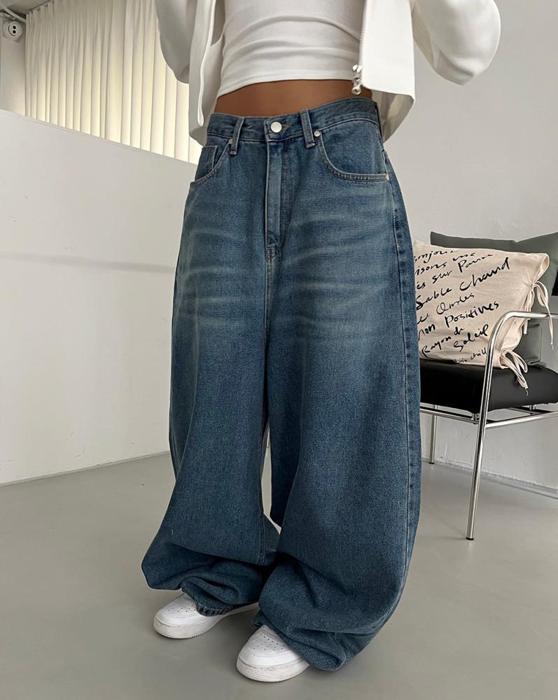 데이린 샌드캣 벌룬 와이드 데님 팬츠 (2color) 와이드 벌룬핏 청바지 롱팬츠