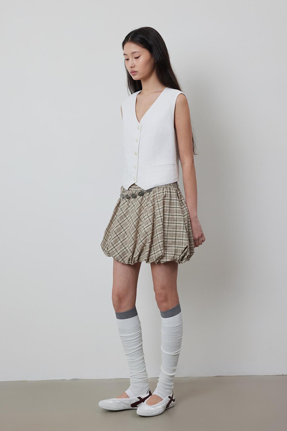 Pumkin Check Banding Balloon Mini Skirt