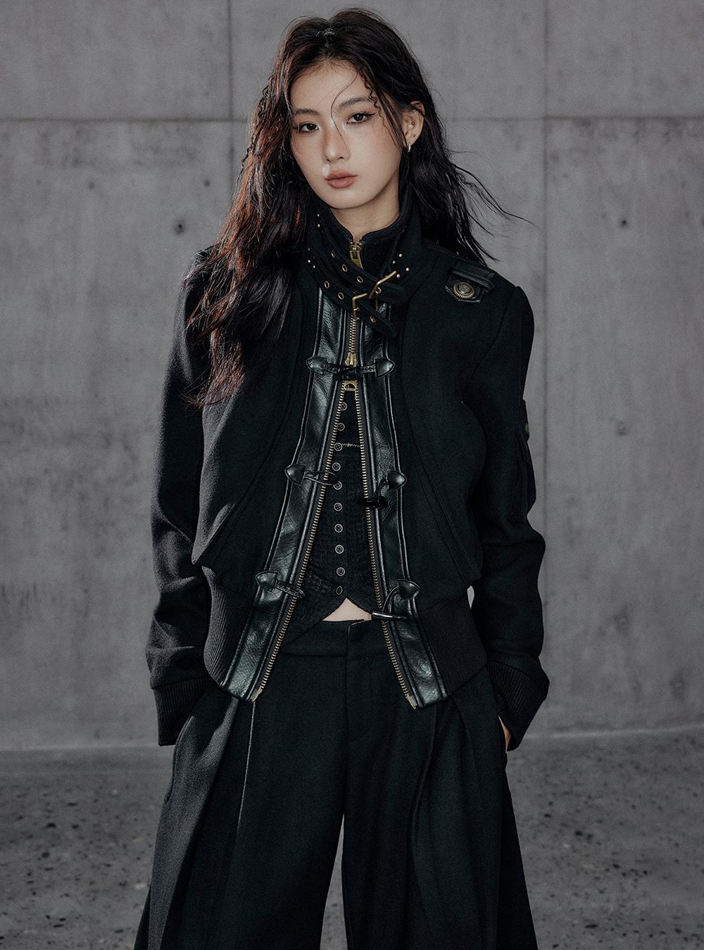 Patchwork Stand Collar Cropped Jacket