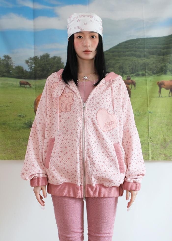 STARRY FLEECE TRIM PONY HOODIE PINK