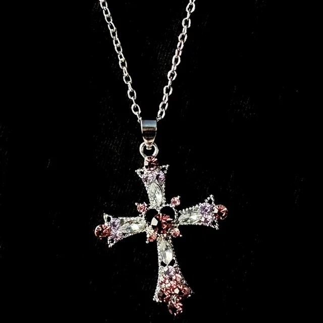 Pink heart of Cross necklace 키치 힙한 핑크 보라 레드 큐빅 십자가 롱 목걸이