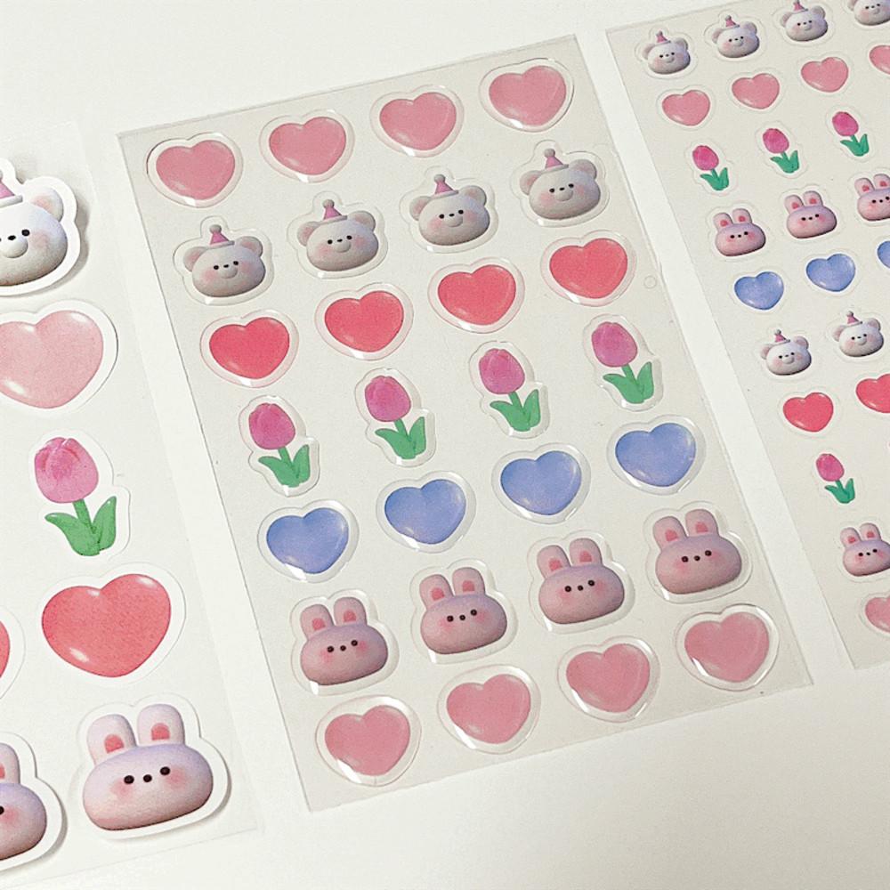 키치 하이틴 투명 곰돌이 토끼 하트 다꾸 핸드폰 꾸미기 스티커 3장 세트