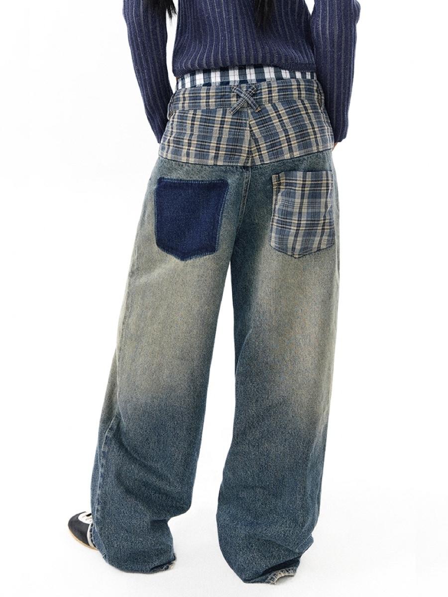 CONP Plaid Patchwork Denim Jeans