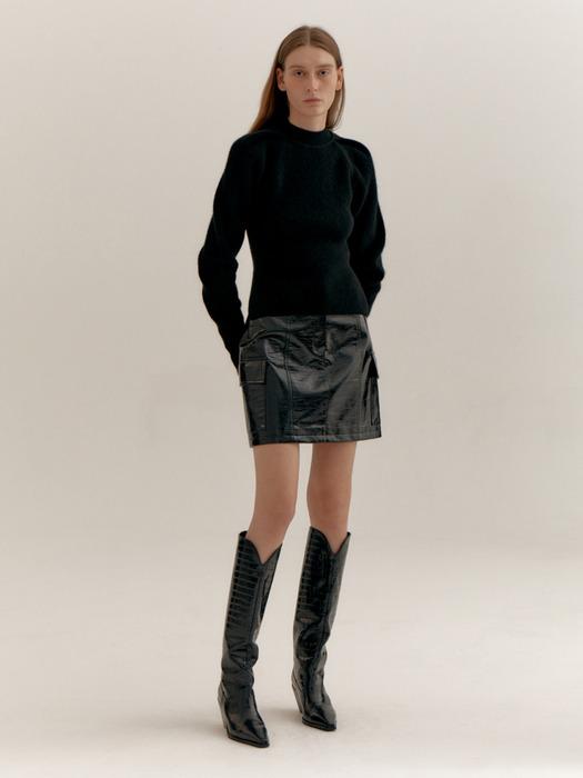GLOSSY FAUX LEATHER CARGO MINI SKIRT (BLACK)