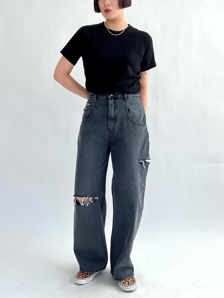 여성 빅사이즈 와이드 흑청 데미지 일자핏 데님팬츠 S-2XL 누키마