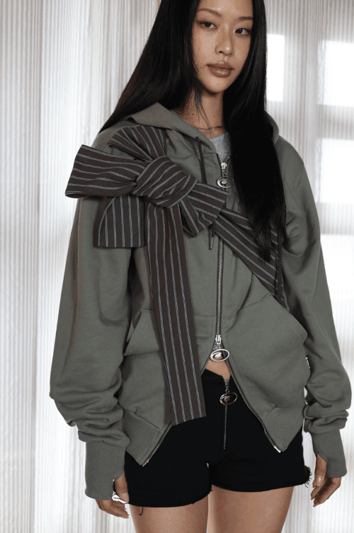 2way ribbon stripe hood warmer zip_khaki