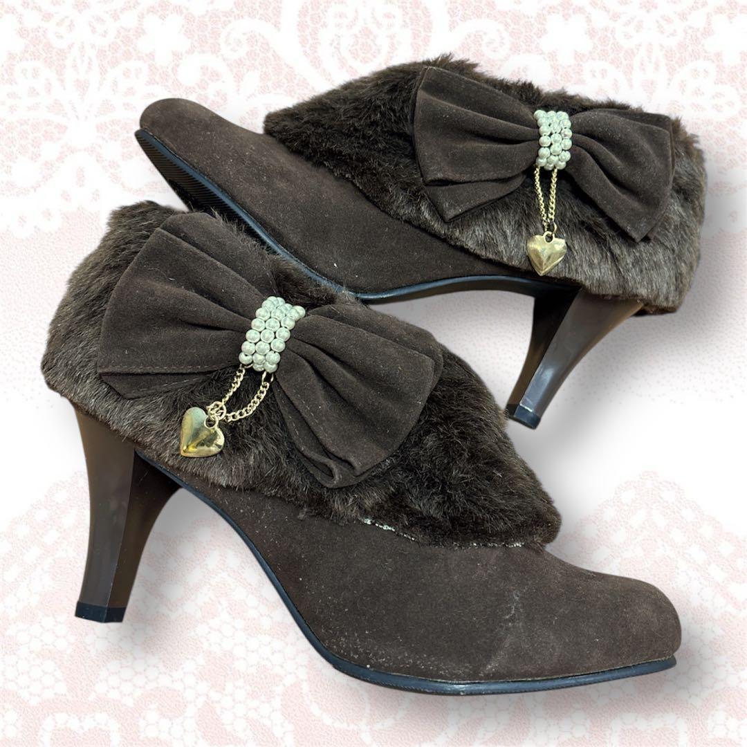 00s 希少 LIZLISA 系 BIGリボン ファー ショートブーツ ブラウン