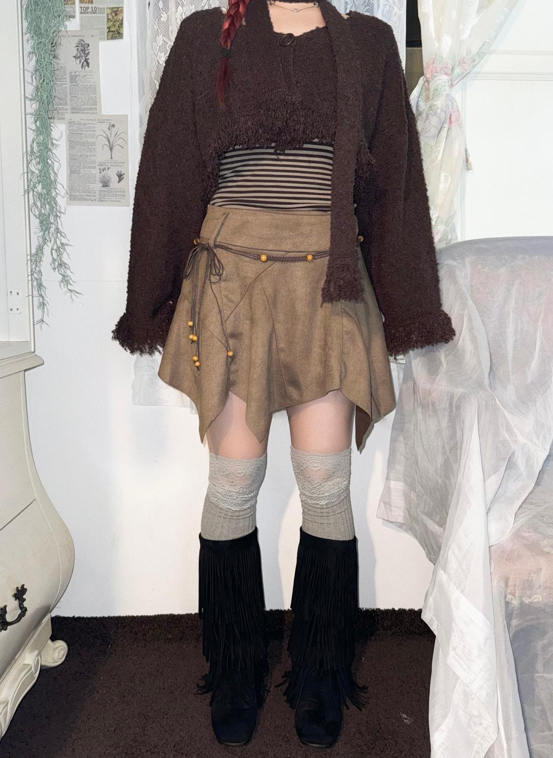 suede belt skirt set - 2color