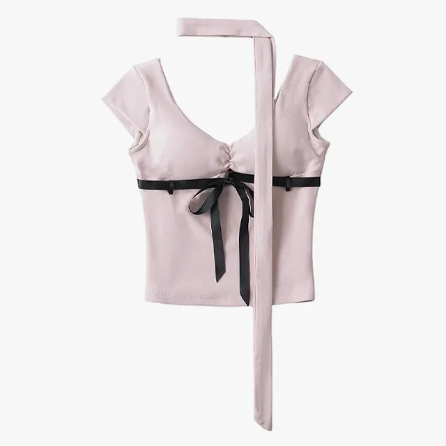 JAS707 머플러 세트 배색 스트랩 슬림핏 반팔 티셔츠