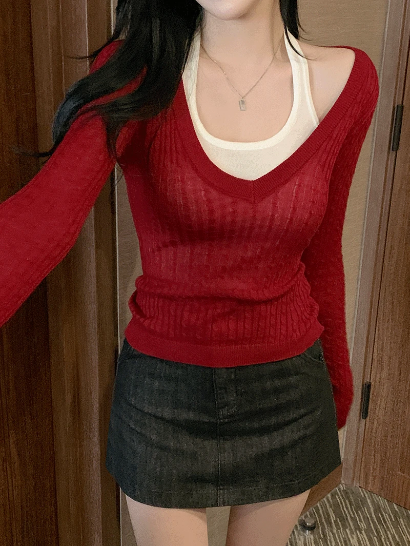 [나시SET] 마케즈 슬림 꽈배기 브이넥 니트