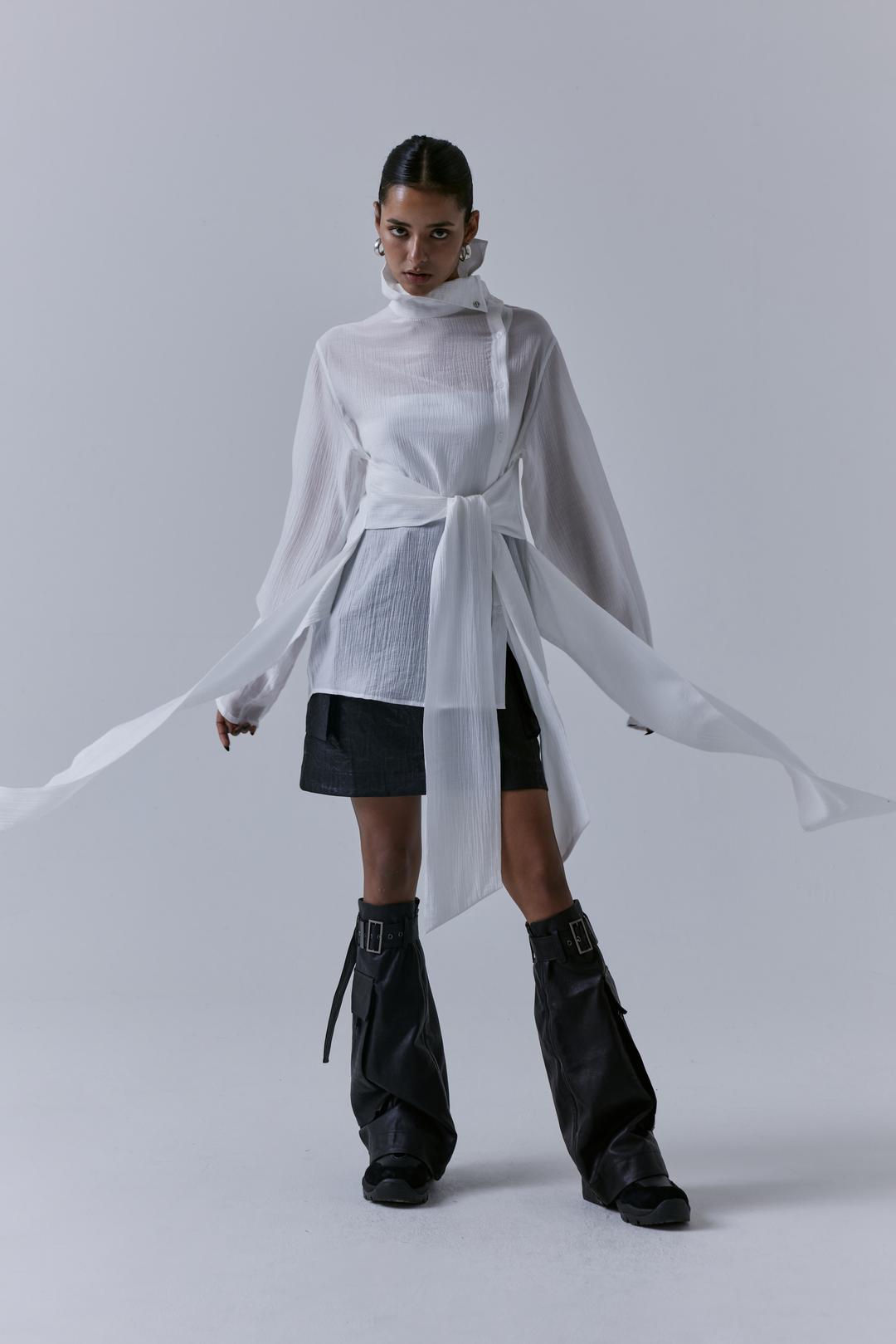 3-way High-neck Wrap Blouse [ White ]