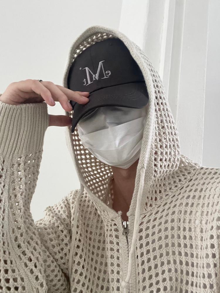 Netting knit hood zip up 메쉬 그물 니트 후드 집업 펀칭 워머 투웨이