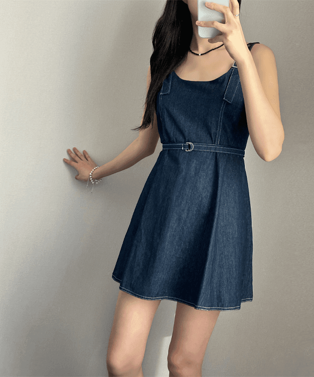 오엔느 모스트 생지 원피스 캐주얼룩 데님원피스 스티치 벨트 허리끈 플레어 A라인 미니원피스