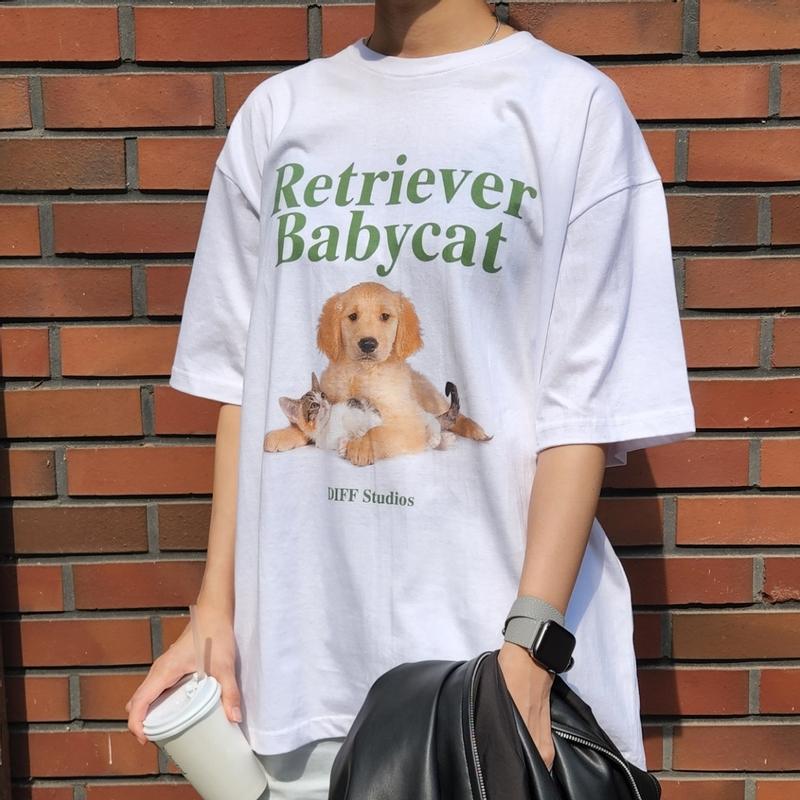 멍냥꽁양 박시 루즈핏 화이트 숏슬리브 티셔츠