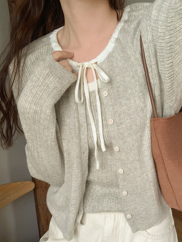 [단독기획] 제로 울 배색 골지 나시 가디건 세트 - 4color