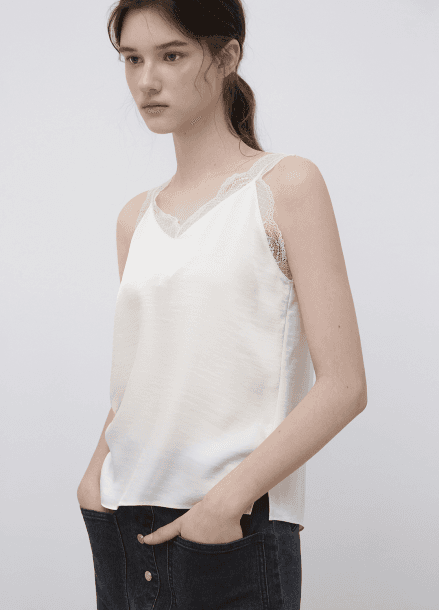 레이스 트리밍 새틴 슬리브리스 탑