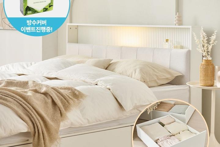런칭기념세일! / 플레시아 E0등급 패브릭 LED 3단 빅서랍 멀티 수납 침대 프레임