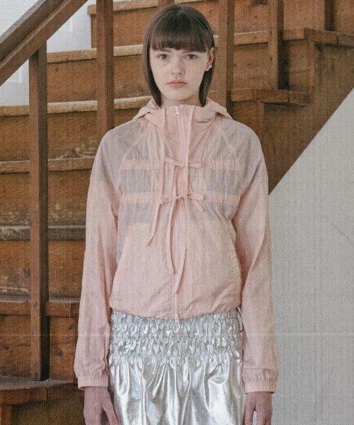 시어 리본 셔링 후디 자켓_핑크